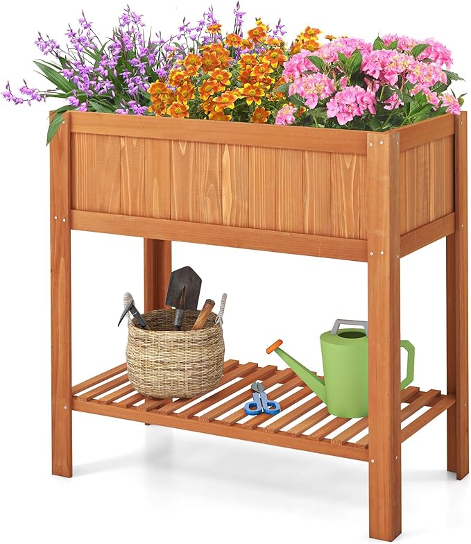 GRAFFY Raised Garden Bed with Shelf Raised Planter Box with Legs Wood Elevated Planter Box with Drain Holes Outdoor Planting Bed for Vegetable Flower Planting Container for Grass Lawn Patio