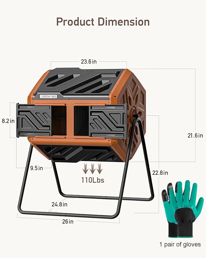 THEGROW'ING Updated 43 Gallon Compost Bin Outdoor Fast Assemble Tumbling Composter Dual Chamber Composter Tumbler Rotating Compost Bin for Outside Backyard Garden and Yard Orange