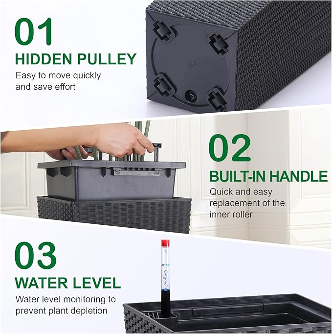 IDEALHOUSE 22.4 in Large Self-Watering Planters Set of 2 Tall Rattan Indoor Outdoor Planter Pots with Water Level Monitor Drainage Holes Inner Bucket &amp Hidden Pulley for Home Patio Balcony Bla