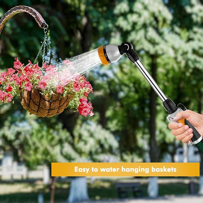 RESTMO Metal Watering Wand Heavy Duty Garden Hose Wand with 180° Swivel Ratcheting Head 16'' Hose Nozzle Sprayer with 7 Spray Patterns and Flow Control for Water Hanging Baskets and Shrubs Yellow