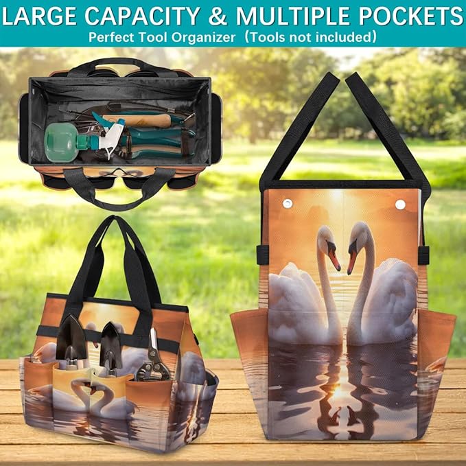 Sunset Beautiful Swans Garden Tool Bag Waterproof Garden Tool Storage Bag Heavy Duty Oxford Gardening Tool Bag with Handle &amp 10 Pockets for Men Women Outdoor Garden Lawn Yard