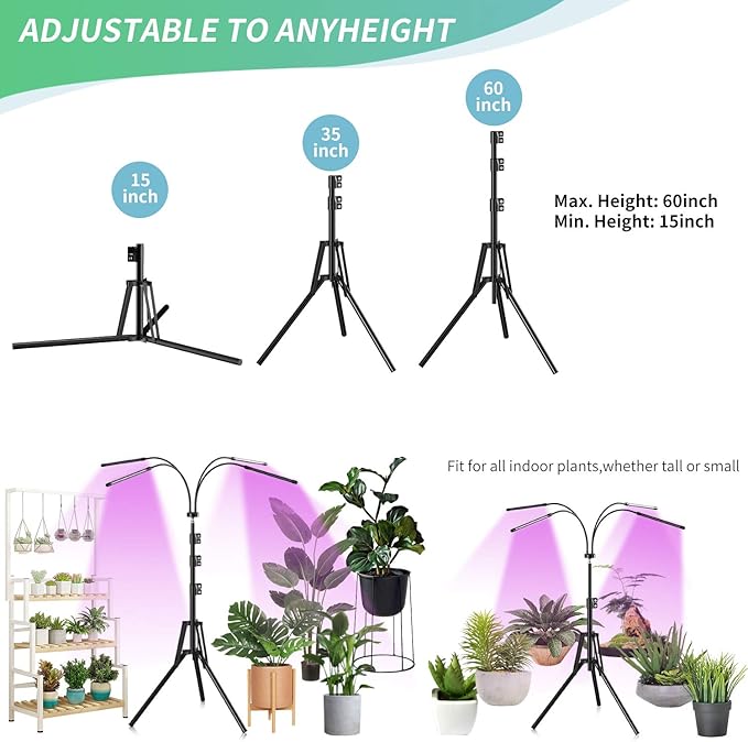 Grow Light with Stand for Indoor Plants Full Spectrum Upgrade 4-Head Plant Lights Grow Lamps Auto ON/Off Growing Light with 4/8/12H Timer Tripod Adjustable 15-60inch