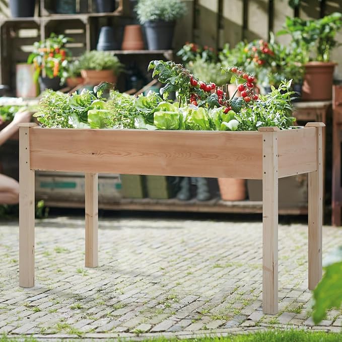 Wooden Garden Bed Raised Garden Bed Elevated Wood Planter Box Stand Patio Planter Grown Box for Backyard Patio Balcony w/Bed Liner Outdoor &amp IndoorNatural