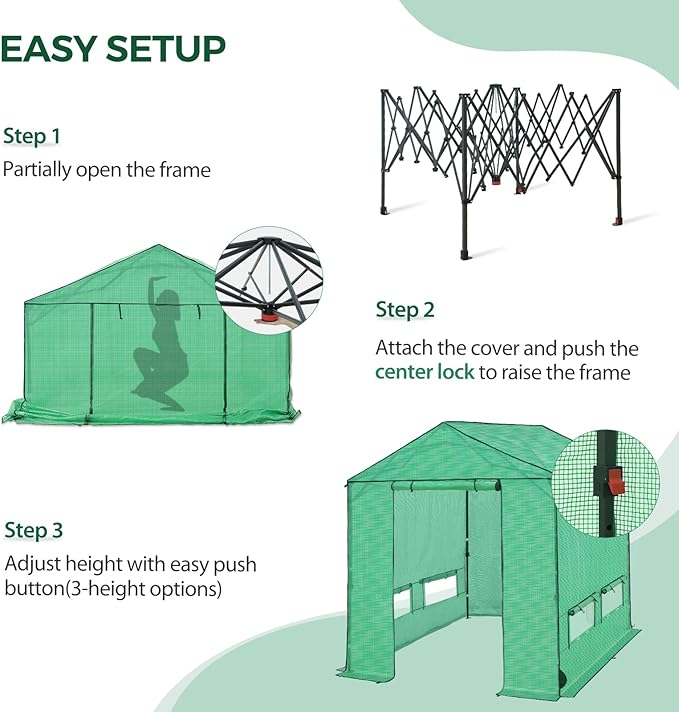 8x8 Pop Up Greenhouse Instant Walk in Green House with PE Cover Power Ports Roll up Doors &amp Windows for Indoor Outdoor Plant Growing Green