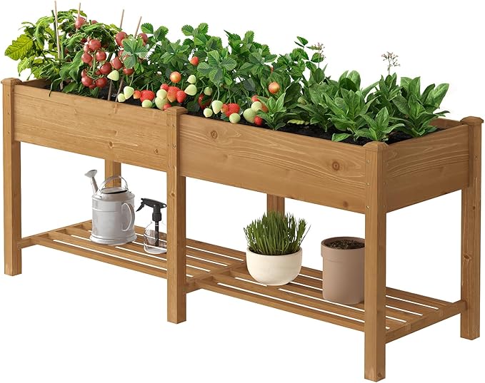 Wooden Raised Garden Bed Planter Box with Legs Garden Planter with Divider Bag for Backyard Patio Balcony Planter Stand Box for Herbs and Vegetables (Brown-L)