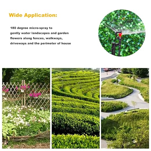 Drip Irrigation Micro Spray Emitter on 20 inch Stake with 1/4 Tubing and Barbed Coupler 180° Half Circle Pattern 8.5’ Spraying Distance