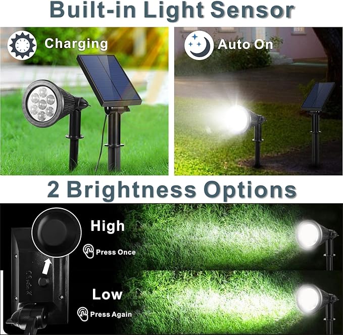 Solar Spotlight Outdoor Spot Light with Separate Solar Panel ＆ 24.6ft Long Waterproof Cable Bright 7-LED Ground Flag Pole Light Dusk-to-Dawn Landscape Lighting for Flag House Tree Garden (White)