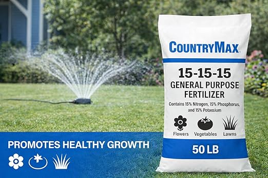 CountryMax 15-15-15 All Purpose Fertilizer 50 lb Bag Balanced Nutrition for Flowers &amp Vegetable Beds Raised Gardens Lawns &amp Grass Supports Soil Health and Consistent Growth
