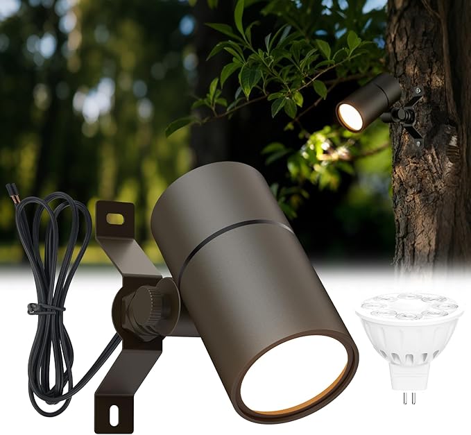 Landscape Down Lighting Low Voltage Spot Lights Outdoor LED Wall Mounted Low Voltage Tree Lights Cast Aluminum Free 5W MR16 LED Bulb Stainless Steel Mounting Bracket 1-Count