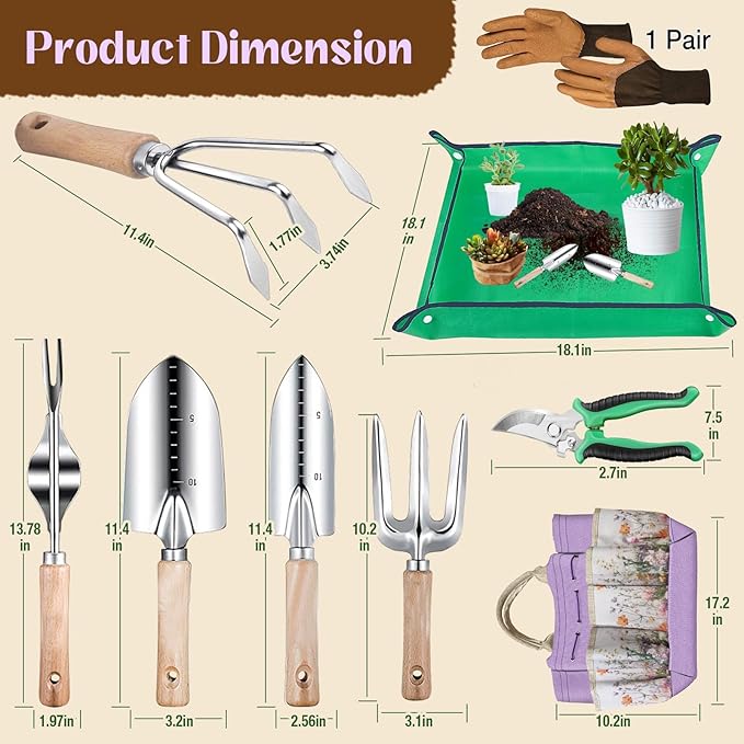 Gardening Tools 9-Piece Heavy-Duty Garden Tools Set Stainless Steel Garden Hand Tools with Purple Floral Tote Bag and Repotting Mat Garden Supplies Kit Gifts for Women