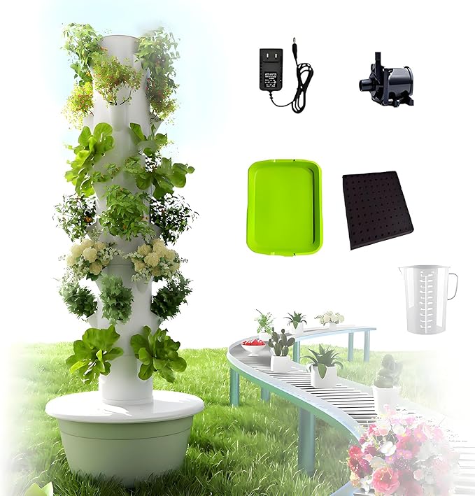 Hydroponic Tower Hydroponics Growing System Vertical Hydroponics Garden Tower Aeroponic Tower with Hydrating Pump and Movable Water Tank for Herbs Fruits and Vegetables Green-7Layer