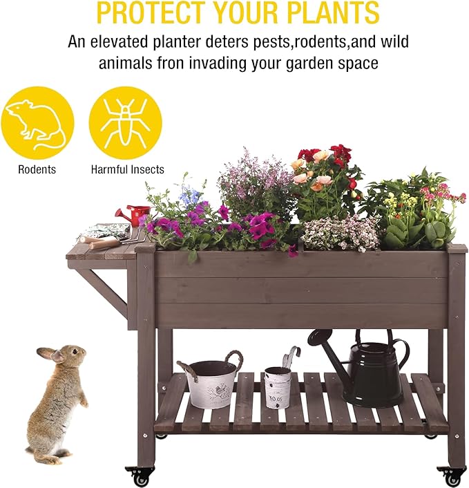 Aivituvin Raised Garden Bed on Wheels Elevated Plant Boxes Outdoor Large with Grow Grid - with Large Storage Shelf 52.7 x 22 x 30