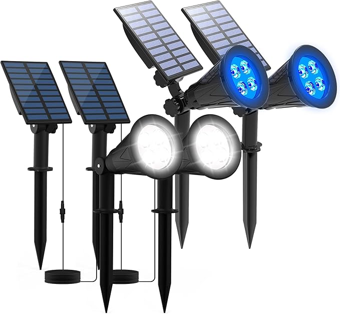 T-SUNUS Solar Landscape Spotlights Blue &amp White 6000K Solar Powered Spot Wall Light 2 Modes IP65 Waterproof Outdoor Solar Landscaping Lights for Yard Garden Garage 4 Pack