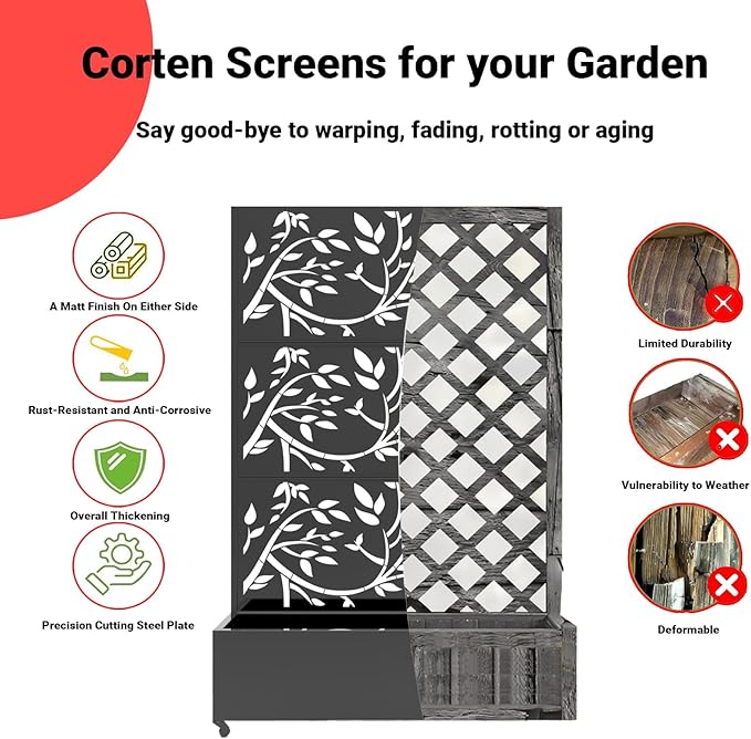 Outdoor Metal Privacy Screen with Trellis &amp Planter Box – 72 x 47 Mobile Raised Garden Bed on Wheels with Drainage Patio Divider for Climbing Plants &amp Vegetables Black Tree Texture
