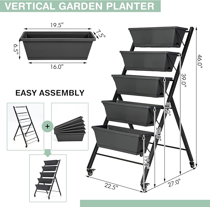 S AFSTAR 5-Tier Vertical Garden Planter Raised Garden Bed with 2 Lockable Wheels 7 Removable Planter Boxes Metal Frame Indoor Outdoor Elevated Planting Box for Flower Vegetables Fruit Herbs