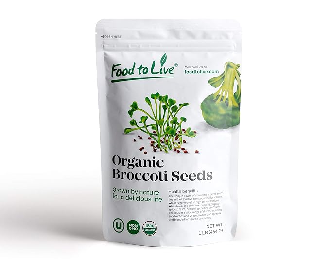 Food to Live Organic Broccoli Seeds for Sprouting 1 Pound – Non-GMO Vegan Kosher Sirtfood Bulk. Rich in Sulforaphane Vitamin C. Grow Sprouts Microgreens for Salads and Sandwiches
