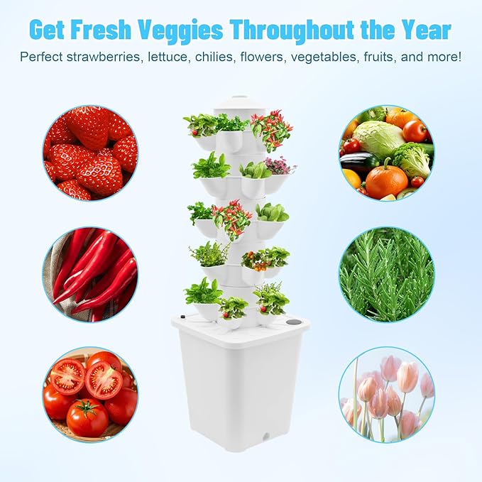 ZAIHW 25-Plant Vertical Tower Garden System Indoor Hydroponic Growing Kit with Pump Funnel &amp Water Level Gauge Vertical Vegetable Planter for Gardening Enthusiasts (White)