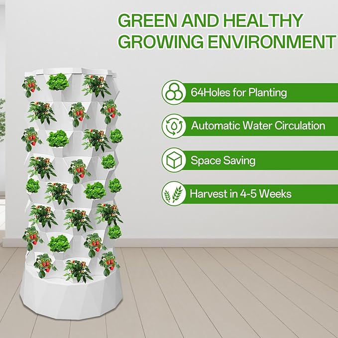 Hydroponic Tower Garden64 Slots Hydroponic Plant Tower with Water Pump | Flower System for High-Rise Building Apartment