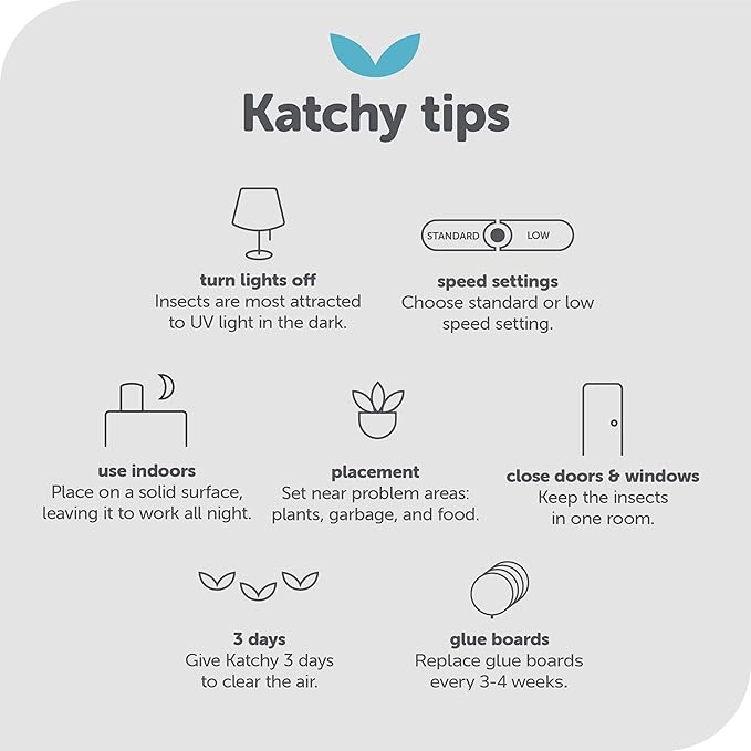 Katchy Indoor Fly Trap– Catcher &amp Killer for Mosquito Fruit Fly Gnat &amp Small Moth – Non-Zapper Trap with Fan Suction &amp Blue UV Light – Ideal for Indoor Spaces Kitchen &amp Plants (Orig