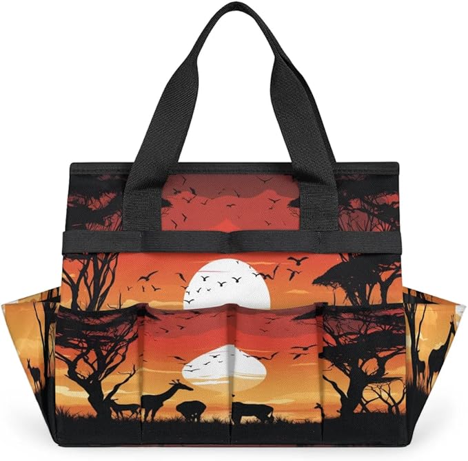 Deer Bird Tree Sunset Silhouette Garden Tool Bag Waterproof Garden Tool Storage Bag Heavy Duty Oxford Gardening Tool Bag with Handle &amp 10 Pockets for Men Women Outdoor Garden Lawn Yard