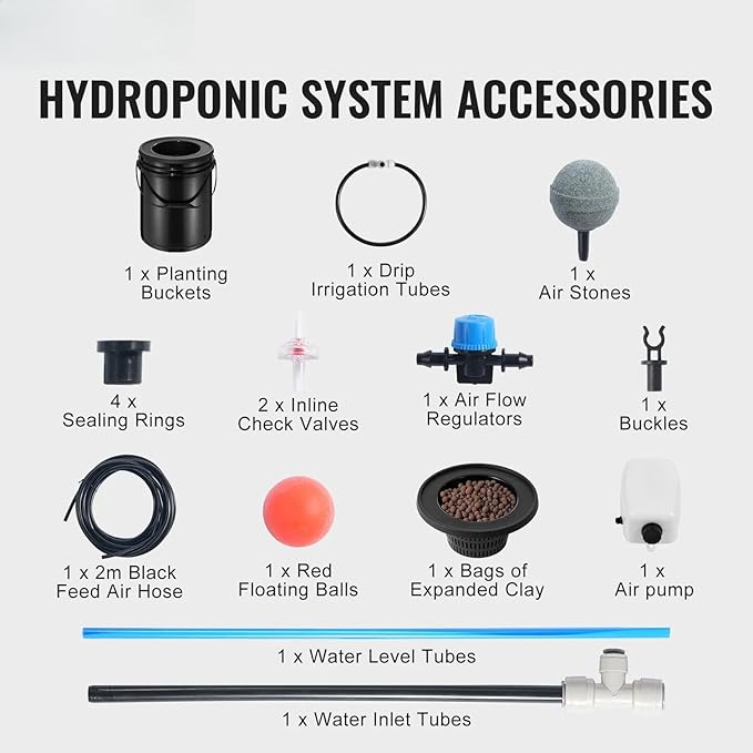DWC Hydroponics Grow SystemHydroponic Growing System with Top Drip Kit5-Gallon Deep Water Culture with Air PumpAir Stone and Water Level Device for Leafy Vegetables(1 Bucket+Top Drip Kit)
