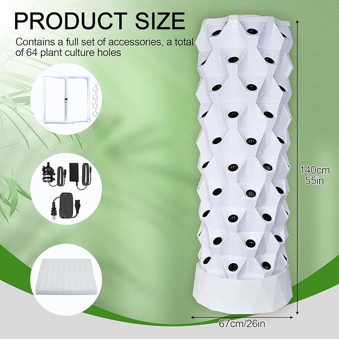 Hydroponic Vertical Garden Tower Aeroponic Tower Garden System Hydroponic Tower Soilless Cultivation Farm Vegetable Equipment for Fruits and Vegetables Planting(Yellow140cm/55in)