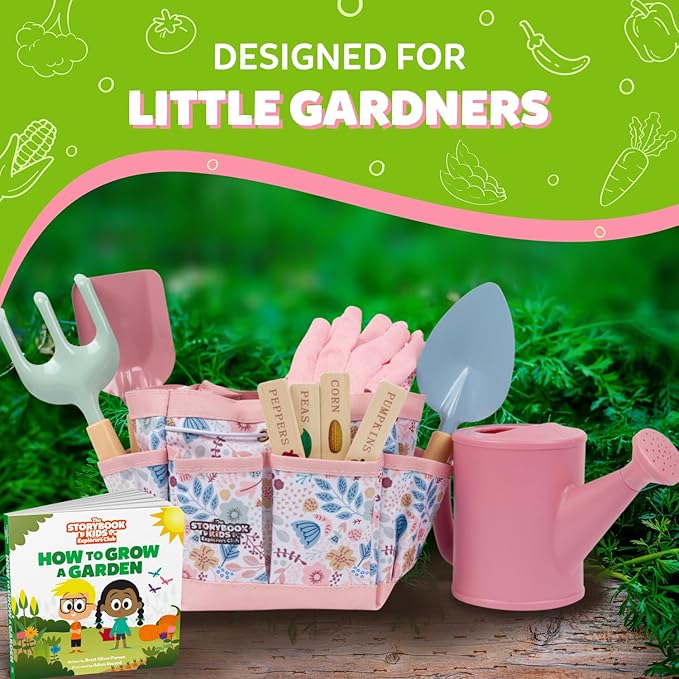 Floral Garden Kit Tools - Includes Sturdy Tote Bag Watering Can Gloves Shovels Rake and Delightful Children's Book - Kids Garden Tool Set -Easter Gifts for Toddler Age on up