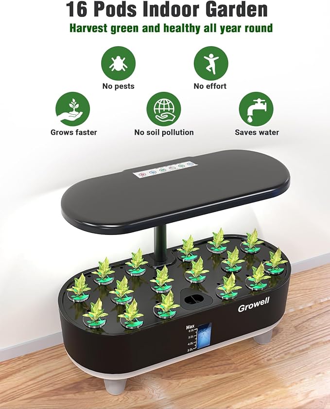 Hydroponics Growing System Kit 16 Pods Indoor Garden with 28W Full Spectrum LED Grow Light Auto Timer 3 Smart Light Modes 8L Large Herb Garden Ideal Gardening Gift for Women Men (Black)