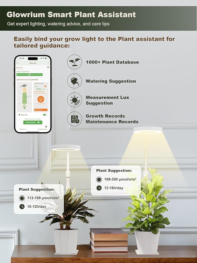 GLOWRIUM Smart LED Grow Lights for Indoor Plants G4 12W Full Spectrum 3500K with Grow lamp Bluetooth App Control 10-Level Dimming Gooseneck Height Adjustable 16-23 Auto Timer (White 12W)
