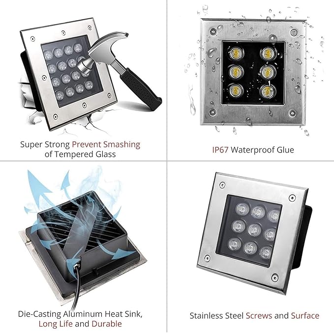 Outdoor Landscape Lights Square Recessed Buried Lamp IP67 Waterproof Stainless Steel LED Spotlight 12V Low Voltage Pond Light IrradiateCold White 18 W