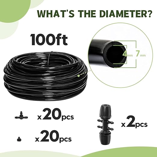 100FT 1/4 Inch Drip Irrigation kit Tubing Distribution Hose Tube for Garden Drip Irrigation System (Includes 2 Pack 6-Way Connector and 20pcs 1/4 Tee Splitters and End Plugs)