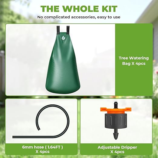 HIRALIY 20 Gallon Tree Watering Bag 4 Pack Slow Release 1-5 Days Deep Root &amp Automatic Drip Irrigation System for Multi-Trunk Newly Planted Small Trees and Shrubs