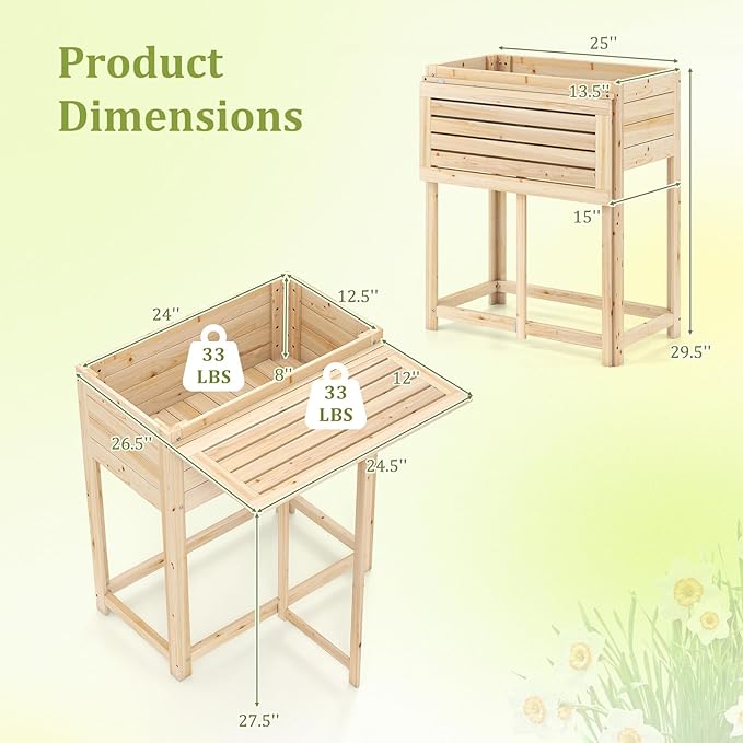 Giantex Wood Raised Garden Bed w/Folding Drop-Leaf Potting Table Planter Box for Flower Herb Vegetable Fruit Indoor Outdoor Elevated Raised Beds for Gardening Backyard Patio Balcony