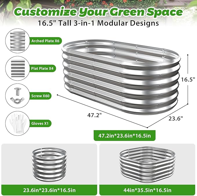 17 Tall Outdoor Garden Raised Garden Bed Kits 4ft X 2ft Oval0.8MM Thick Metal Raised Planter Bed/Ground Planter Box for Variety of FlowersHerbsVegetables (Silver 48X24X16.5 Inches)