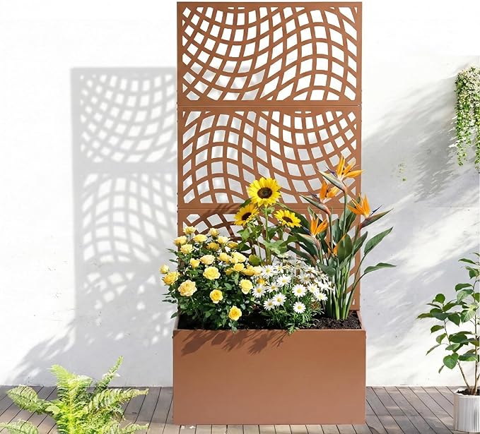 Metal Planter Box with Trellis70 Outdoor Raised Garden BedPrivacy Planters for Patio GardenPlanter Box with Drainage Holes for Climbing Plants