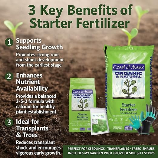 Coast of Maine SF6501 Starter Fertilizer 12 LB – Organic Garden Soil Starter Blend with My Garden Pool Soil Test Strips &amp Gardening Claw Gloves