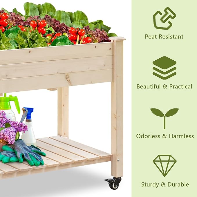LYNSLIM Wooden Raised Garden Bed with Wheels &amp Shelf Elevated Planter Box for Flower Vegetable Grow Natural Cedar Wood Frame Gardening Planting BedEasy Assembly