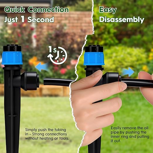 200FT Quick-Connect Drip Irrigation System Automatic Irrigation Kit with 2/5 &amp 1/4 Tubing and Adjustable Drip Emitters Garden Watering System for Lawn Flower Bed Greenhouse
