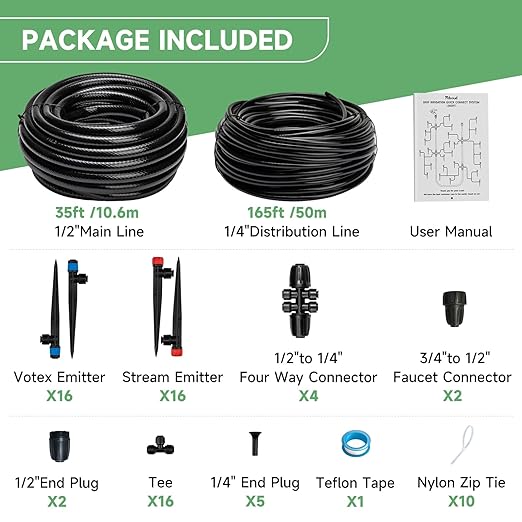 Quick-Connect 200FT Drip Irrigation System Kit Automatic Garden Plant Watering System for Greenhouse Yard Lawn with 1/2 inch 1/4 inch Irrigation Tubing Hose and Accessories