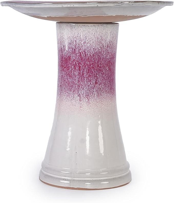 17'' Ceramic Bird Bath for Outside Elegant Tall Outdoor Bird Bath Lightweight Pedestal Glazed Birdbaths for Outdoors with Swirl Pattern Rose Ombre