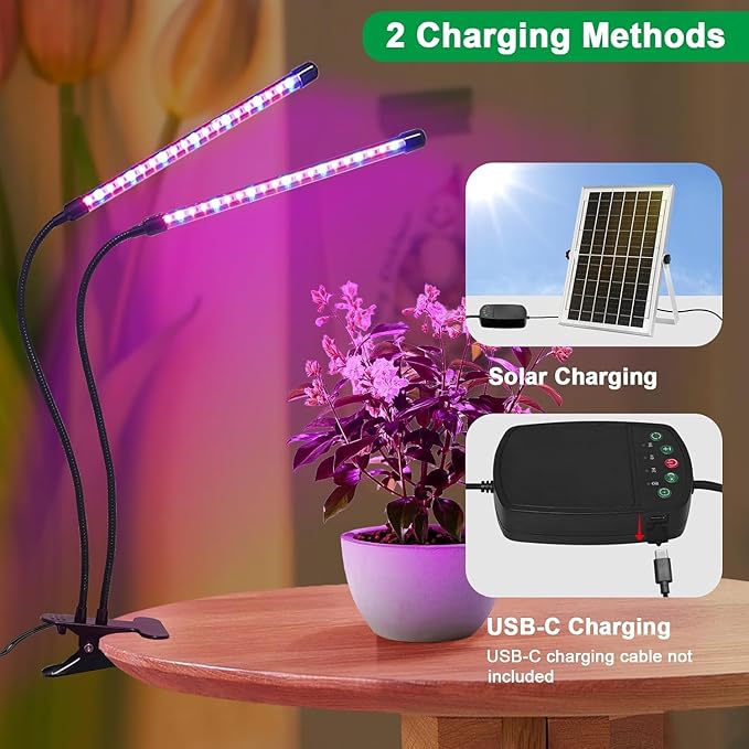 Solar-Powered Grow Lamp with Battery 2-Head 40 LED Full Spectrum Clip Light 16.4FT Cable USB Charging Timer &amp Dimmable Settings for All Growth Stages