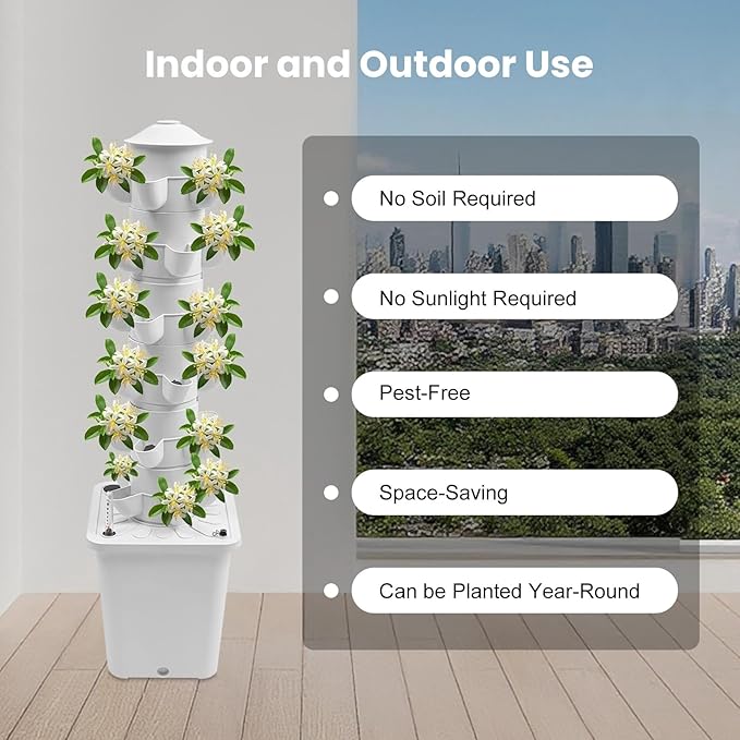 6-Tier Hydroponic Grow Tower Kit 30 Holes Planting Sites Indoor Garden System with Water Pump Self-Watering Vertical Gardening Kit for Lettuce Herbs Strawberries Vegetables Flowers 34H White