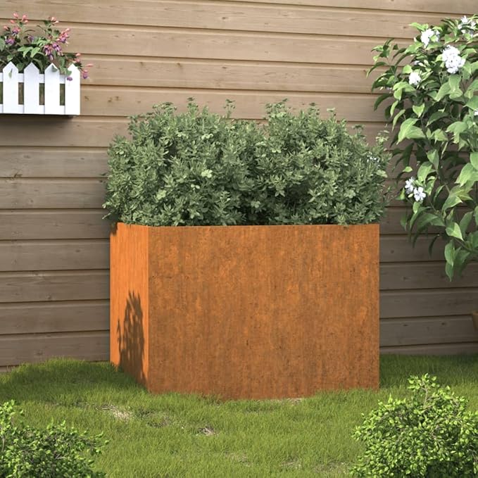 24.4 x 24.4 x 18.1 in Corten Steel Raised Planter Box Rustic Brown Medium Planter with Decorative Inlays Durable Elevated Garden Bed for Patio Terrace and Balcony