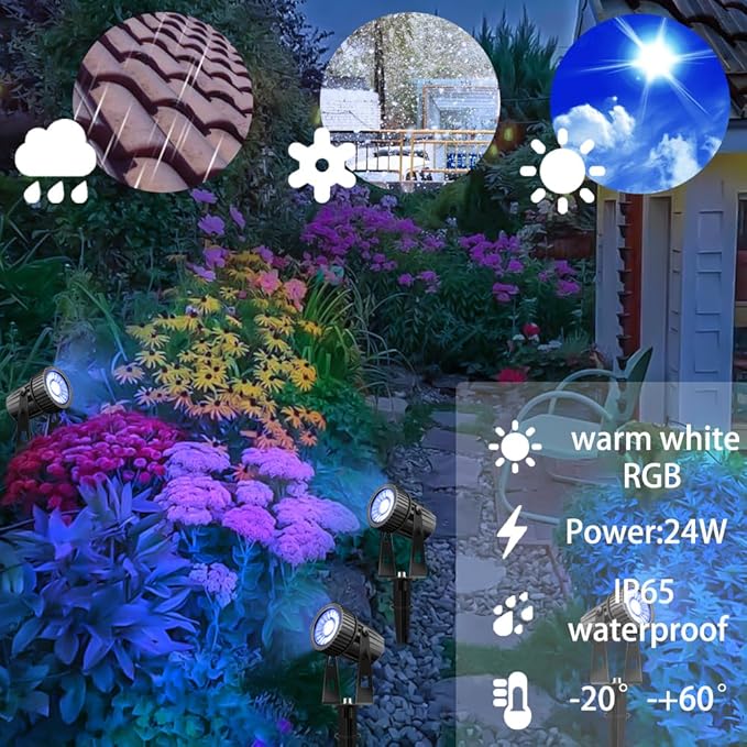 Smart Low Voltage Landscape Lights Bluetooth Landscape Lighting RGB Warm White LED Spotlights APP Control 12V 24W Outdoor Yard Spot Lights with Spike Stand Waterproof Garden Light Music Sync