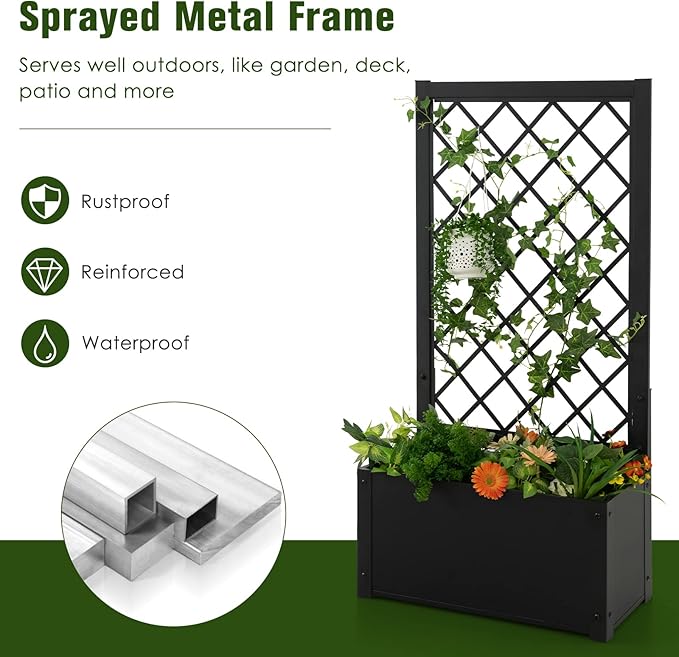 HAPPYGRILL Raised Garden Bed with Trellis 44” Metal Elevated Garden Box for Climbing Plants Vine Outdoor Planter Box for Yard Garden Balcony