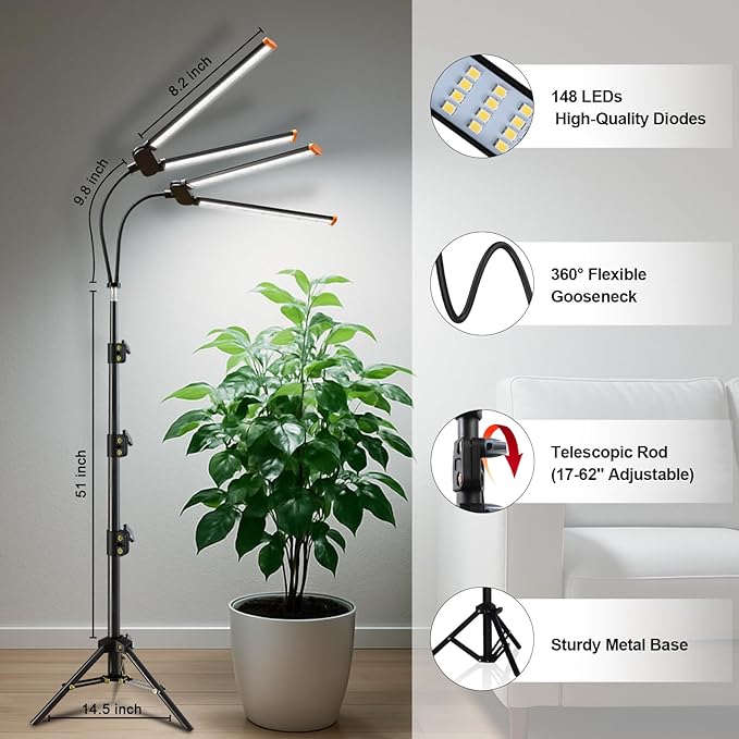 Plant Grow Light with StandSuper Bright 6000K White Full Spectrum Floor Growing Lamp with Rotatable Dual Light Head &amp Height Adjustable 17-62 for Indoor Tall Plants Dimmable &amp Auto Timer 4/