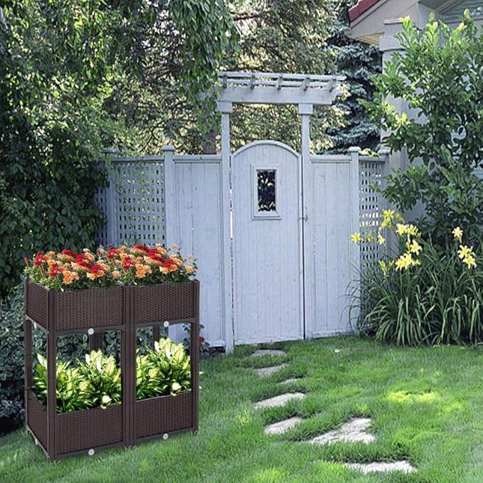 4 Pcs Free Splicing Injection Planting BoxOutdoor Plastic Raised Garden BedLarge Vertical Pot Planter BoxesIndoor Outdoor Flower Bedswith Drainage Plugfor Patio Porch Lawn Backyard (Brown)