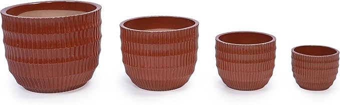 Handmade Solid Glaze Ceramic Planter Set of 4 791214 Inch Diameter Cotta with Horizontal Grooves for Herbs Succulents Outdoor Indoor Stairs Use Breathable Clay with Drainage Holes