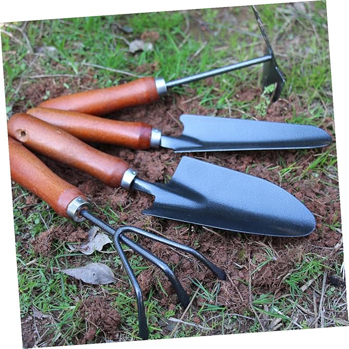 minkissy 4pcs Mini Garden Tool Set with Small Spade Hand Rake Dual-use Hoe and Soil Scoop Painted Iron for Planters and Vegetable Gardening