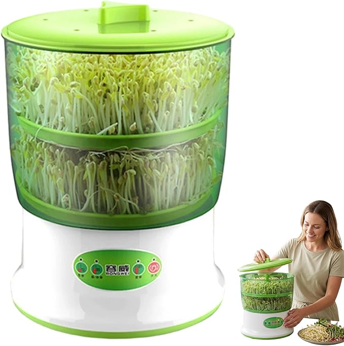 Bean Sprouts Grow Kit 2-Tier Large Capacity Seed Sprouting Kit with 360° Spray 3 Modes for Indoor Gardening Green